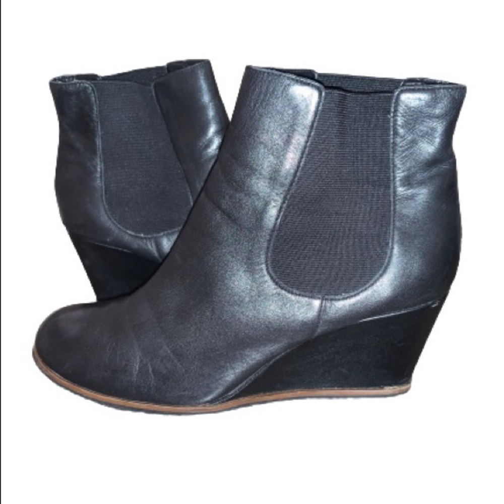 Tesori Black Leather Wedge Boots Size 11